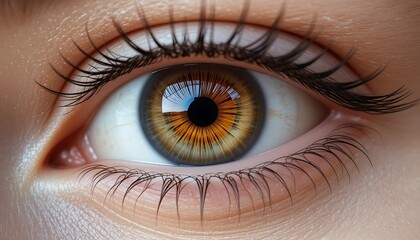 Fototapeta premium Close-up macro shot of a mesmerizing human eye with beautiful brown iris, long dark eyelashes, and detailed skin texture.