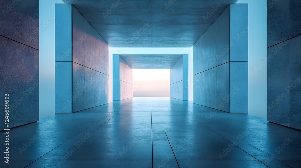 Poster long hallway with light at the end showcasing spatial symmetry and calm visual effect in indoor sett