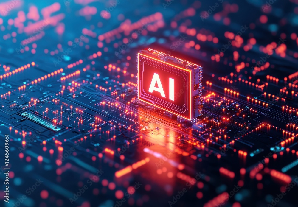 Poster futuristic ai technology concept with glowing microchip and digital circuitry displaying artificial 