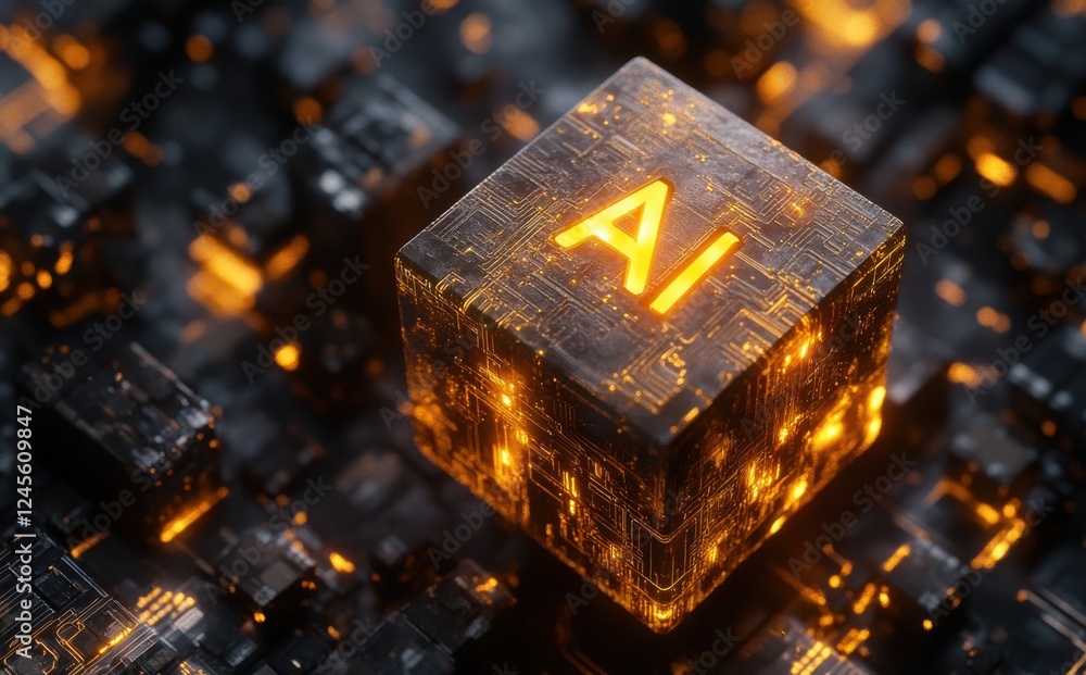 Poster futuristic ai technology symbol depicted on a glowing circuit board background with vibrant lights a