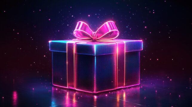 Glowing gift box, neon lights, dark background, reward