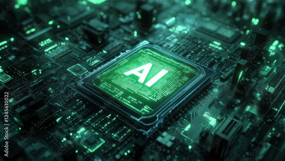Poster futuristic artificial intelligence processor chip glowing in green on a complex circuit board with i