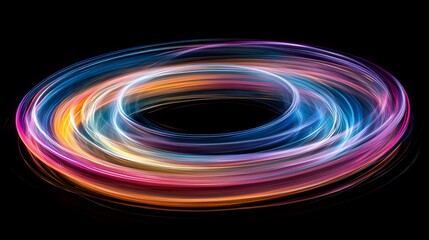 Colorful swirl on black background depicting space-time continuum in vibrant colors and abstract shapes