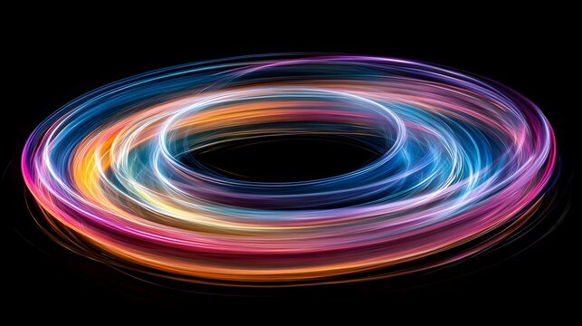 Colorful swirl on black background depicting space-time continuum in vibrant colors and abstract shapes
