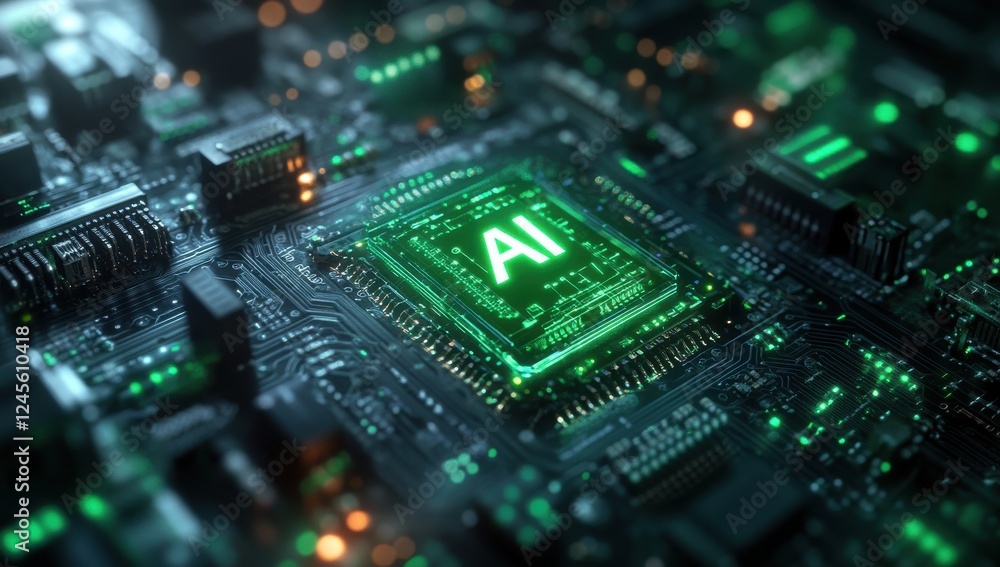 Poster futuristic circuit board with green ai processor, layout, and data flow representation, technology, 