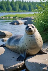 Obraz premium Harbor Seal Resting on Rocks Near Lake