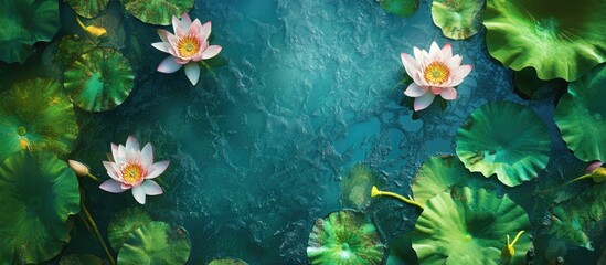 Tranquil pond scene with three pink lotus flowers amid vibrant green lily pads and deep turquoise water, illuminated by soft morning light.