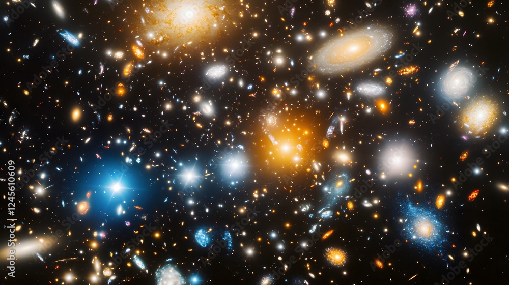 Poster large cluster of galaxies in a simulated universe with cosmic background and deep space elements