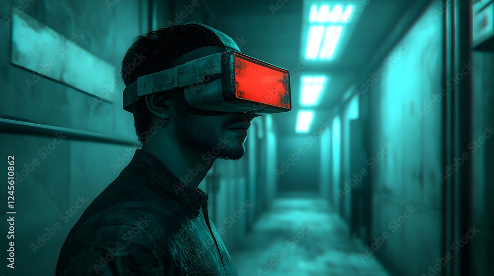 Poster man engaged in virtual reality experience with headset in simulated digital environment setting