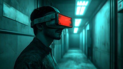 Man engaged in virtual reality experience with headset in simulated digital environment setting