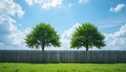 Fototapeta premium Two lush green trees standing tall behind a weathered wooden fence on a sunny day with fluffy white clouds in a vibrant landscape