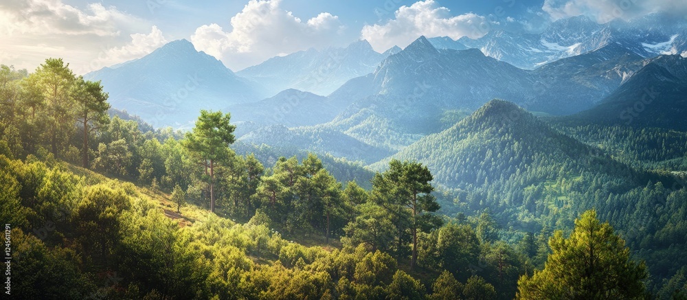 Sticker Breathtaking forest scenery with lush green trees in foreground, majestic mountains in background under bright blue sky, ideal for nature lovers.