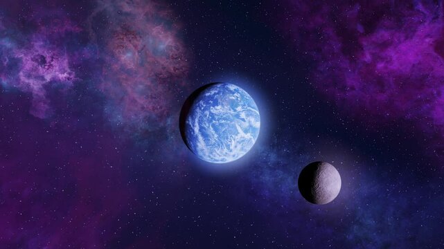 Earth and its Moon in space

A beautiful view of Earth and its Moon, floating in the vastness of space. The cosmic background features vibrant purple and blue nebulae, enhancing the beauty of this cel