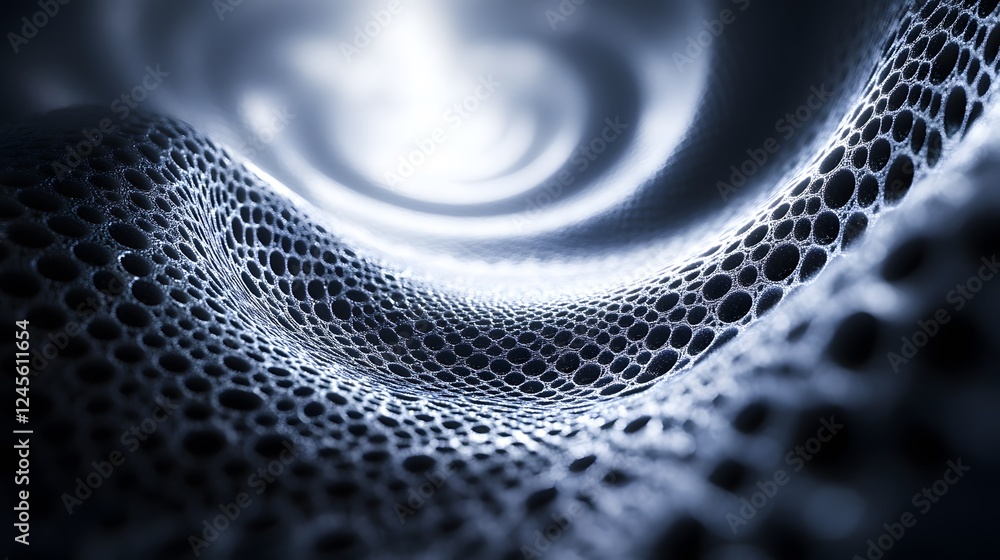 Poster close up of a black and white photo featuring fractal patterns in quantum realms and shimmering effe