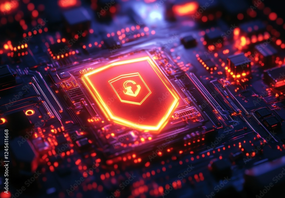 Poster futuristic computer chip with shield symbol illuminated in red light, representing digital security 