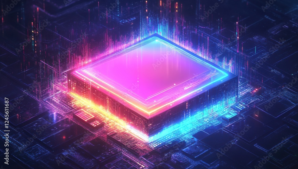 Poster futuristic computer chip with vibrant light effects in a high-tech digital environment representing 