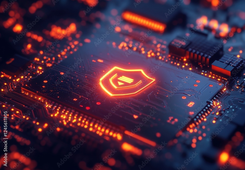 Poster futuristic computer circuit board with glowing shield icon representing digital security and data pr