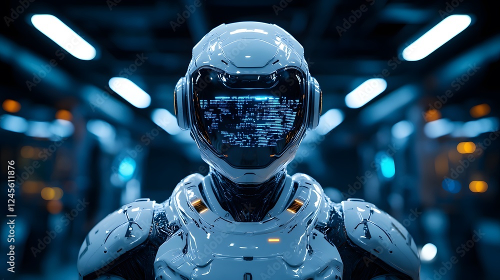 Poster robot with programmed consciousness in a tech lab illuminated by blue lighting
