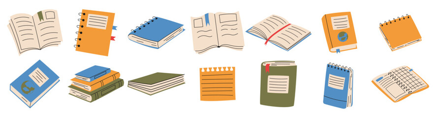 Set of hand drawn books. Stacks of books, notebooks, notes, open books. Education concept