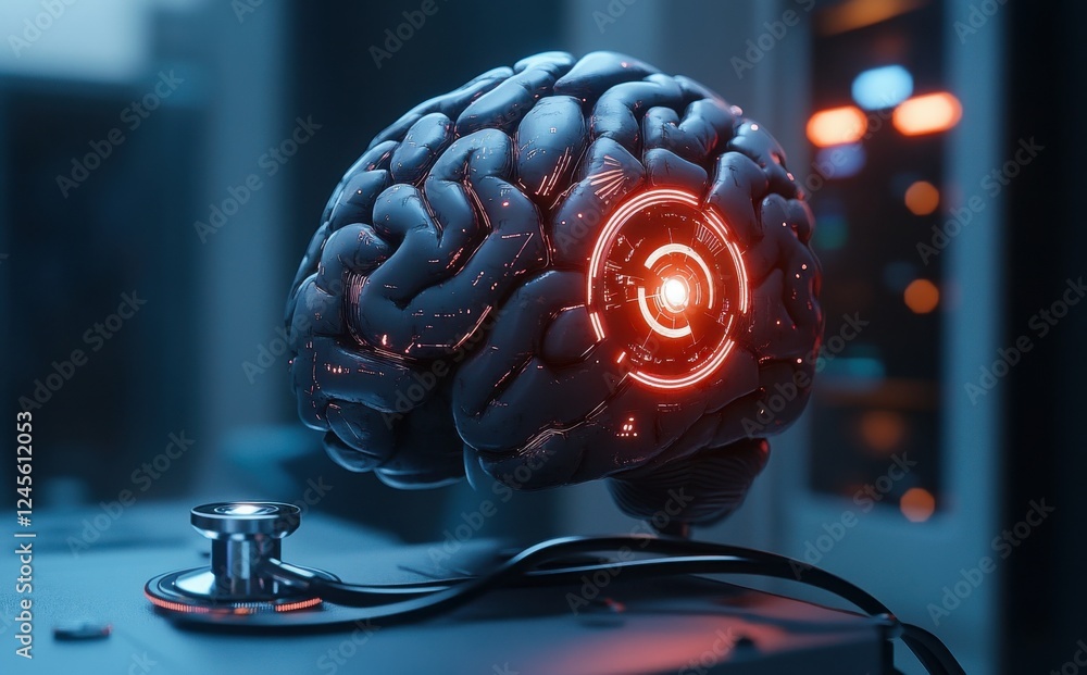 Poster futuristic concept of a human brain with digital interface and glowing circuits, technology and heal