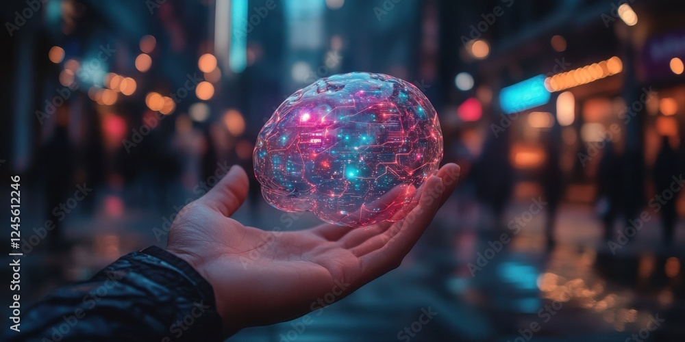 Poster futuristic concept of artificial intelligence represented by a glowing digital brain held in a hand 