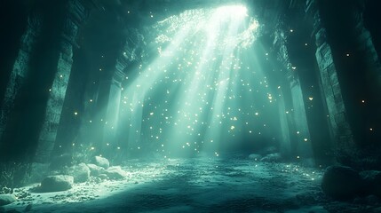 Fototapeta premium Dark cave interior with glowing phosphorescent light illuminating the rocky walls and floor