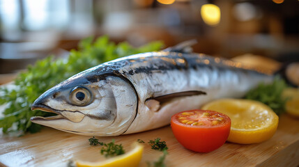 Fresh raw sea bass fish with spices, salt, lemon and thyme on a wooden kitchen board before cooking