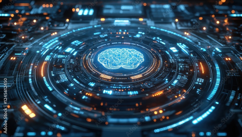 Poster futuristic concept of artificial intelligence with glowing brain in digital space representing innov