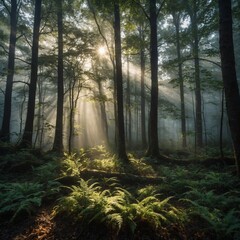 Obraz premium A misty, enchanting forest with sunlight streaming through the trees, creating a soft glow on the forest floor.