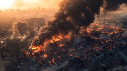 Aerial view of a forest fire in a remote area, smoke stretching across the horizon