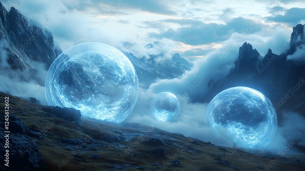 Poster group of colorful spheres floating in an otherworldly surreal landscape with swirling patterns in th