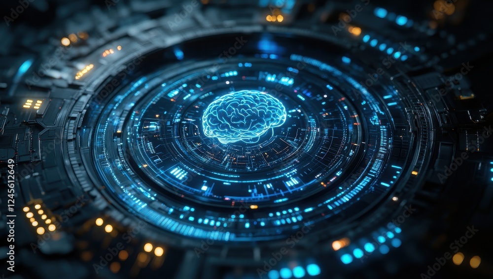 Poster futuristic concept of brain in digital circuitry with neon lights and technology elements for artifi