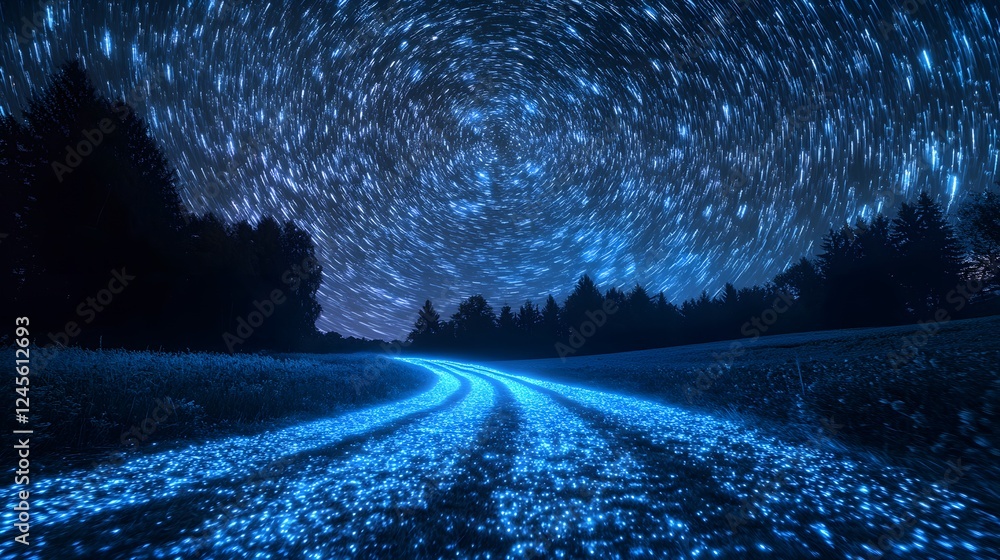 Poster road with star trails and optical illusion starfields creating a dizzying pattern at night