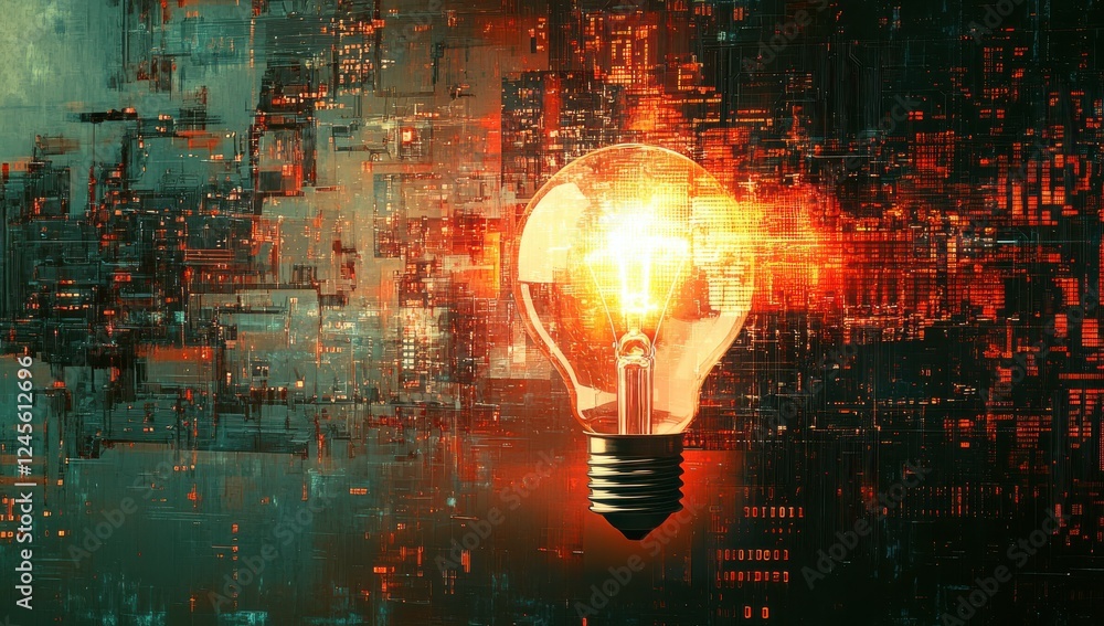 Poster futuristic concept of bright light bulb surrounded by abstract digital elements and glowing energy i