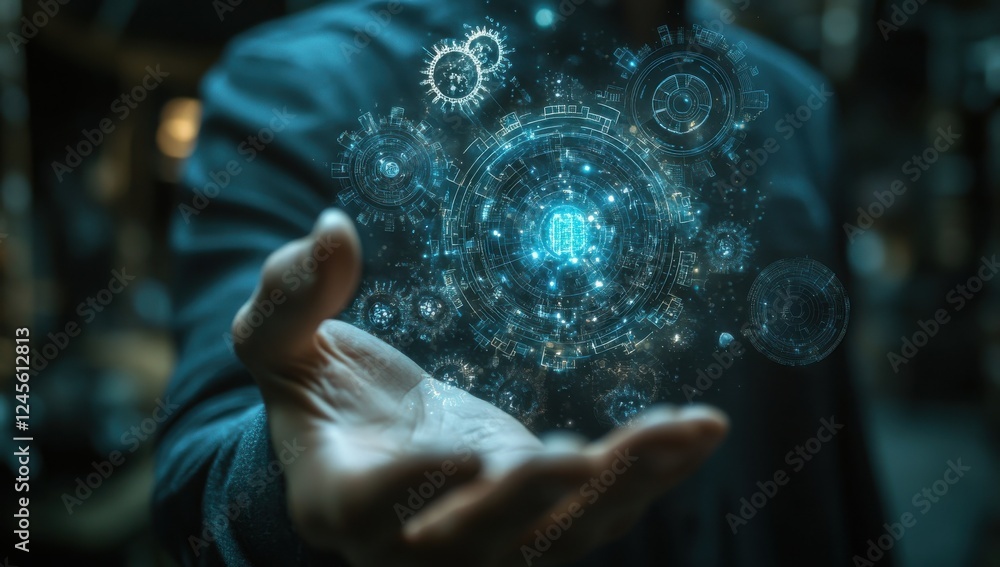 Poster futuristic concept of digital brain with gears and technology in hand representing artificial intell