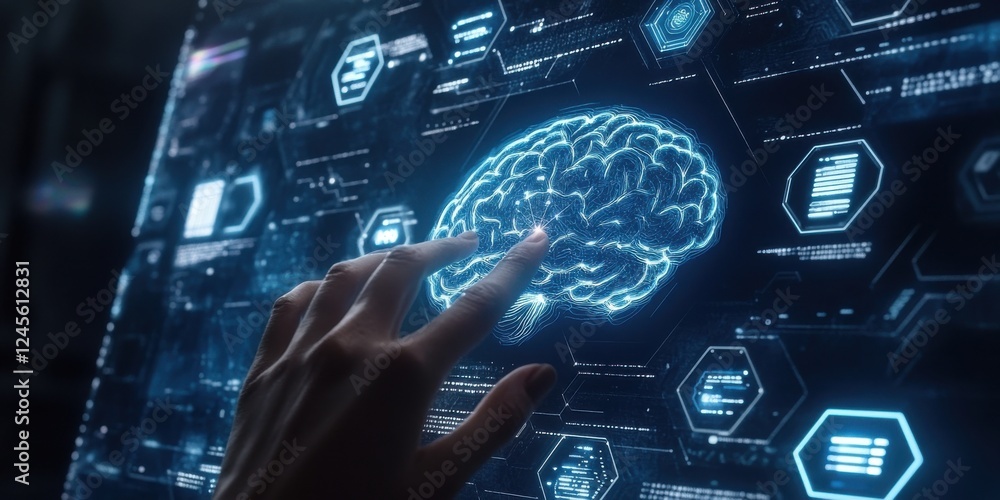Poster futuristic concept of digital brain interface technology with human touch to enhance cognitive funct