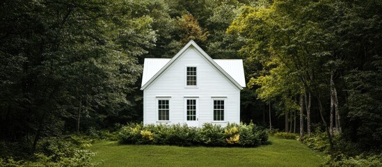 Serene white wooden house framed by lush green trees and vibrant foliage, creating a peaceful and inviting natural atmosphere.