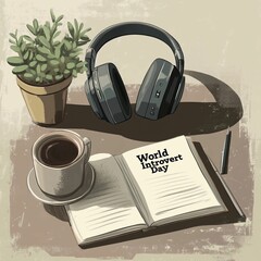 a graphic featuring headphones, a journal, and a cup of coffee on a desk