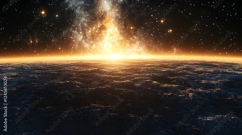 Poster view of a planet with a bright star and galaxies in the observable universe against a dark backgroun