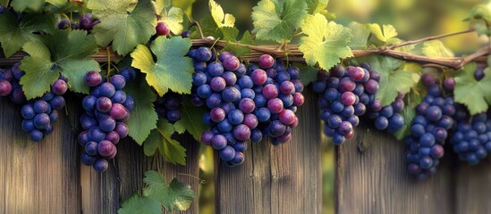 Vibrant deep purple grapes cascading along a rustic wooden fence, surrounded by lush green leaves, creating a stunning natural display.