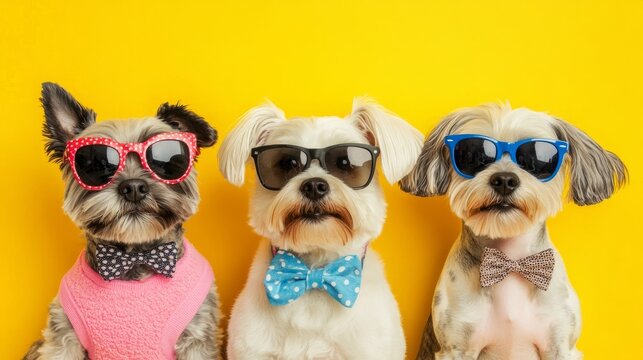 A pack of stylish dogs in colorful costumes, funky sunglasses, and cute bow ties, posing for a fun and quirky promotion on a yellow background.