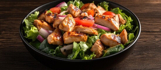 Grilled chicken salad with fresh greens, tomatoes, and red onions arranged in a black bowl on a dark wooden surface, vibrant colors and textures.