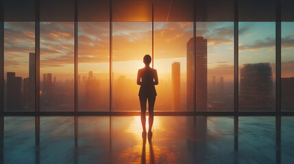 Woman silhouetted, sunrise cityscape, office, success