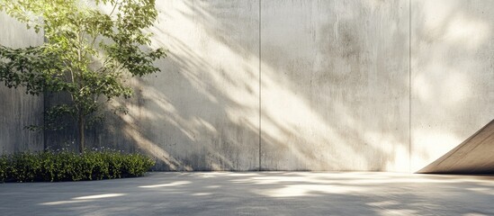 Panoramic view of a textured concrete wall with natural greenery at the base and a shadowed slope on the right side creating artistic depth
