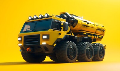 Futuristic yellow truck on yellow background; transportation concept