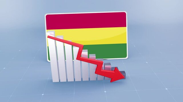 Bolivia country flag and bar chart graph showing decreasing values a red arrow economic crisis concept. Flag of Bolivia