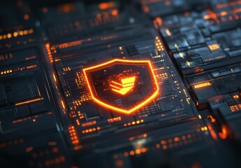 Obraz premium Futuristic Cybersecurity Shield with Digital Circuitry Background, High-Tech Protection Concept for Technology and Security Themes