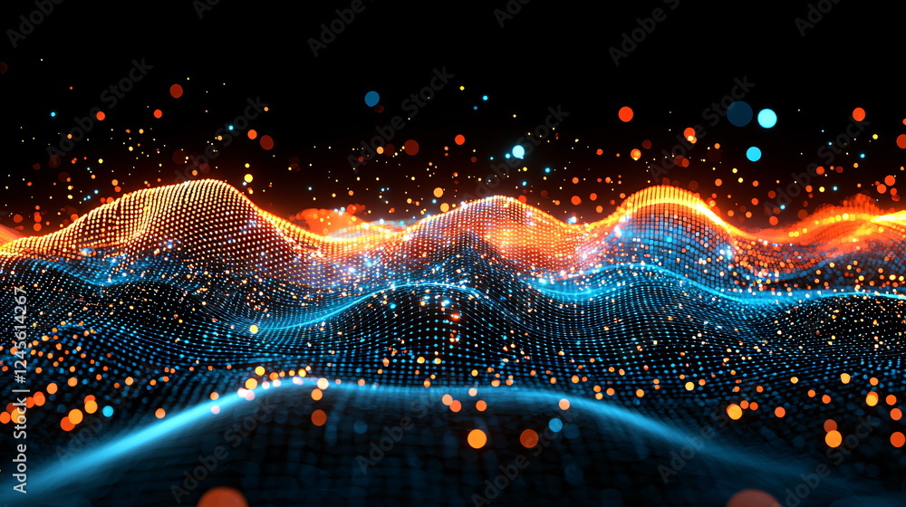 Aufkleber vibrant digital landscape with glowing particles and waves creating an abstract representation of te