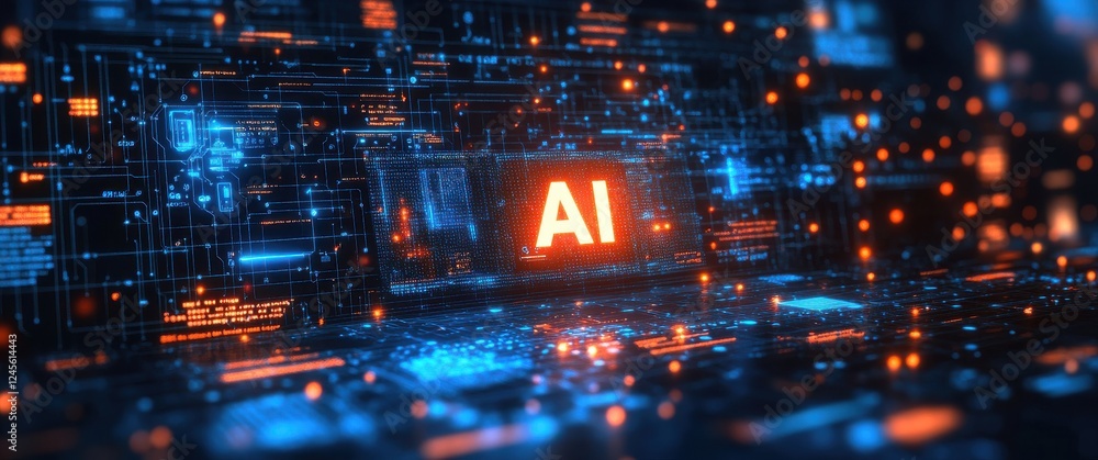 Poster futuristic digital background with glowing elements and ai letters in high-tech environment represen