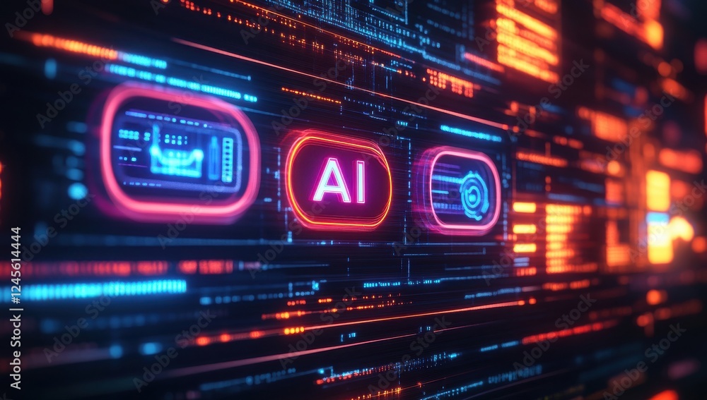 Aufkleber futuristic digital background with ai interface elements and data patterns in neon colors for techno